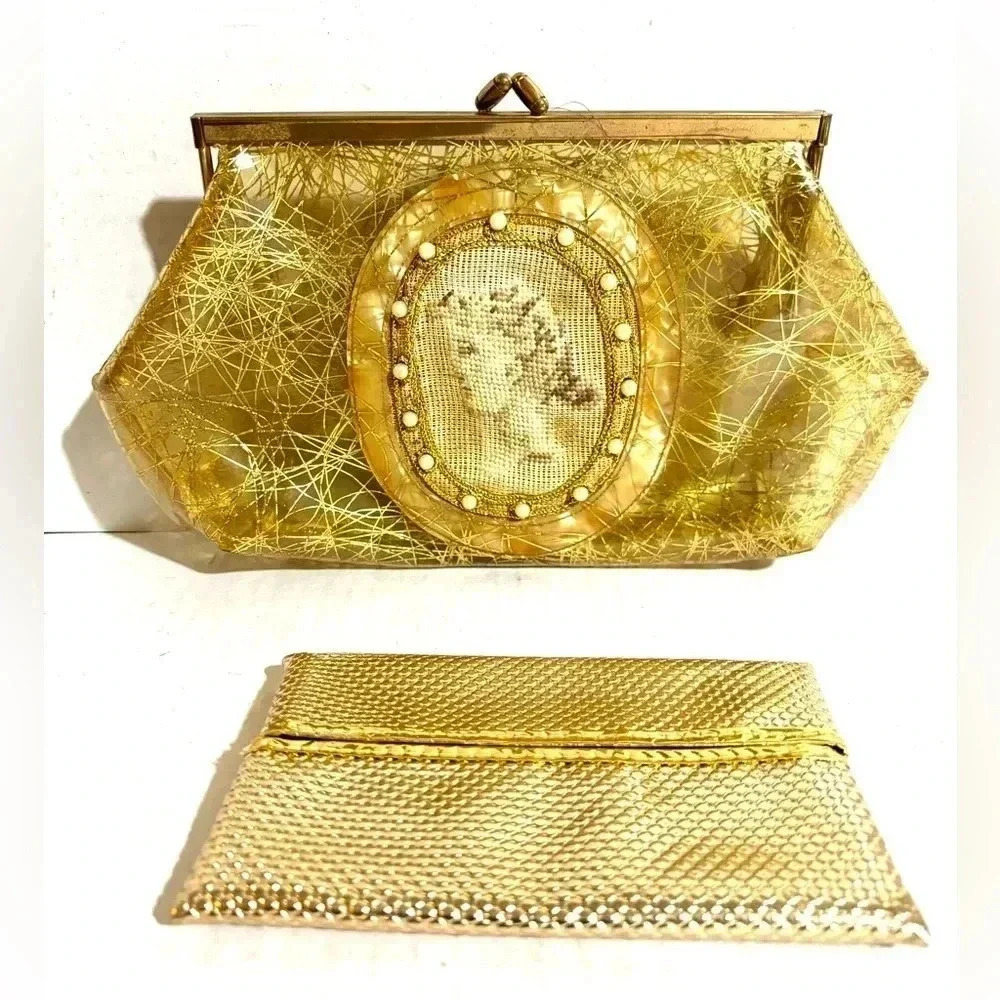 Vintage clear plastic gold inlay embroidered purse/ clutch